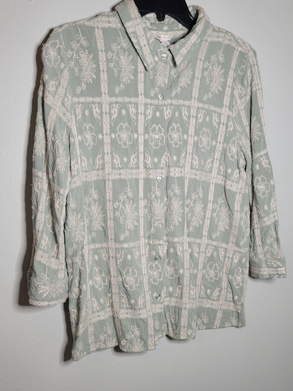 Light Sage Green Button-Up Blouse with White Floral Lace Overlay